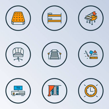 Ev simgeleri pencere, çift katlı yatak, peyzaj tasarımı ergonomik sandalye unsurları. İzole vektör illüstrasyon evi simgeleri.