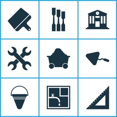 İnşaat simgeleri okul, tramvay, keski ve diğer banyo unsurlarıyla ayarlandı. İzole vektör illüstrasyon yapı simgeleri.