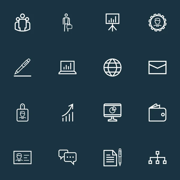 Trade icons line style set with identification, envelope, work man and other analytics elements. Isolated illustration trade icons.