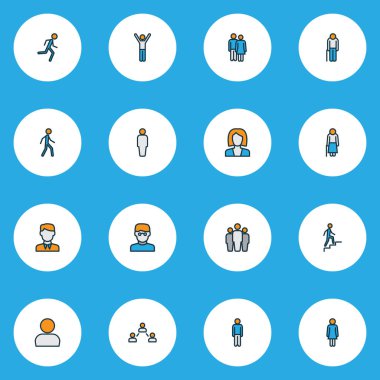 İnsanlar sosyal ilişkiler, yürüyen adam, neşeli adam ve diğer koşucu unsurlarla çizilmiş renkli çizgileri simgelerler. İzole edilmiş illüstrasyon insanları simgeleri.