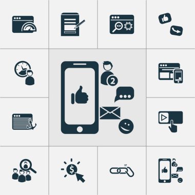 Analitik simgeler sosyal medya, hedef kitlesi, ilgili tasarım ve diğer anlaşma unsurları ile oluşturulmuştur. İzole vektör illüstrasyon analiz simgeleri.