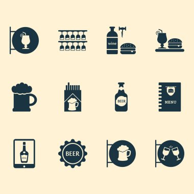 İçki ikonları akşam yemeğiyle, şarap hamburgerle, bir şişe bira ve diğer kokteyller hamburger unsurlarıyla hazırlandı. İzole vektör illüstrasyon içecek simgeleri.
