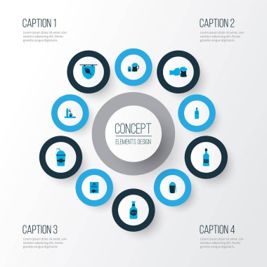 Musluk suyu ile renklendirilmiş ikonlar iç, hareket halinde salla, sigarayla bira ve diğer karıştırıcı elementler. İzole vektör illüstrasyon içecek simgeleri.