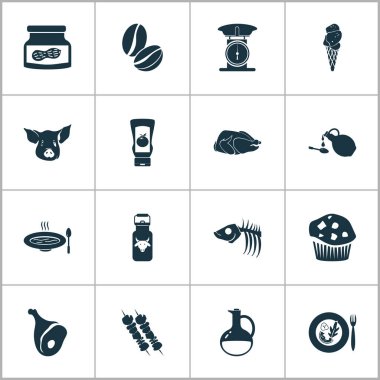 Şiş kebap, cam yağı, süt kutusu ve diğer domuz unsurlarıyla beslenen ikonlar. İzole vektör illüstrasyon yeme simgeleri.