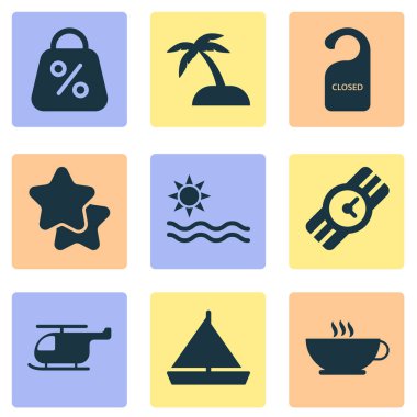 Kahve, deniz, kol saati ve diğer favori elementlerden oluşan turizm simgeleri. İzole vektör illüstrasyon turizm simgeleri.