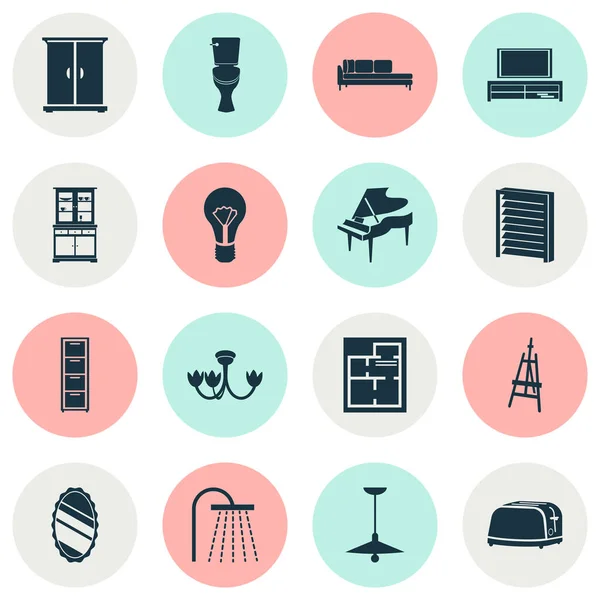 Home decoration icons set with buffet, toilet, lightbulb and other jalousie elements. Isolated vector illustration home decoration icons. — 스톡 벡터