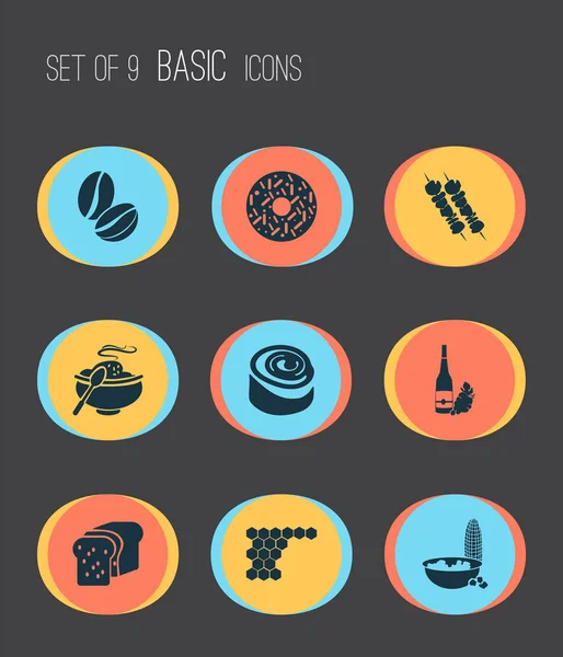 Iconos de comida con rollo de canela, pan, granos de café y otros elementos de sopa. Iconos de harina de ilustración vectorial aislado . — Vector de stock