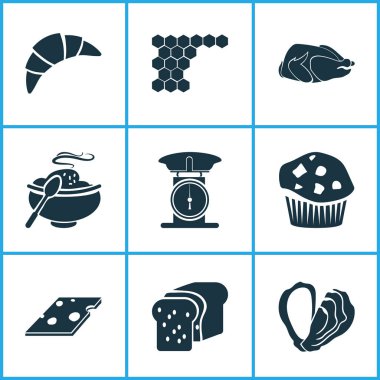 Nutrition icons set with loaf, hot meal, turkey bird and other weight elements. Isolated illustration nutrition icons.