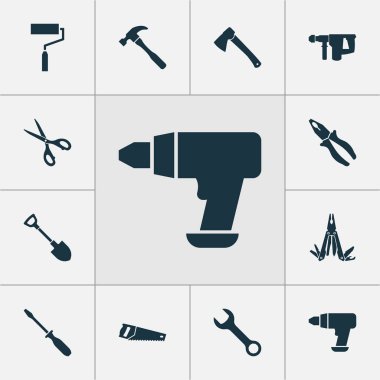Handtools icons set with screwdriver, roller brush, wrench and other tool elements. Isolated illustration handtools icons.