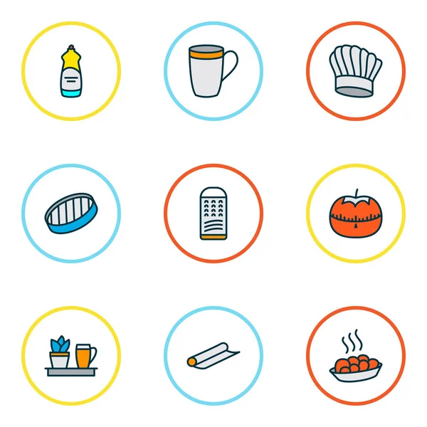 Iconos de gastronomía línea de colores con rallador, sombrero de chef, temporizador de tomate y otros elementos de la tapa de la cocina. Iconos de la gastronomía ilustración aislada . —  Fotos de Stock