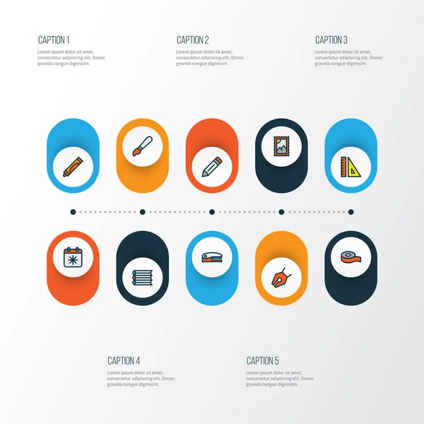 Stationery icons colored line set with scotch, pen, stapler and other crayons elements. Isolated illustration stationery icons. — 스톡 사진