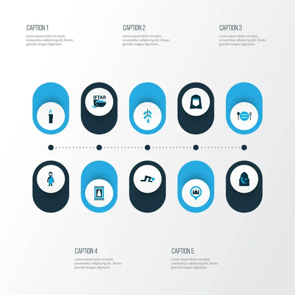 Vakantie pictogrammen gekleurde set met granen, sjaal, moskee en andere hadj-elementen. Geïsoleerde illustratie vakantie iconen. — Stockfoto