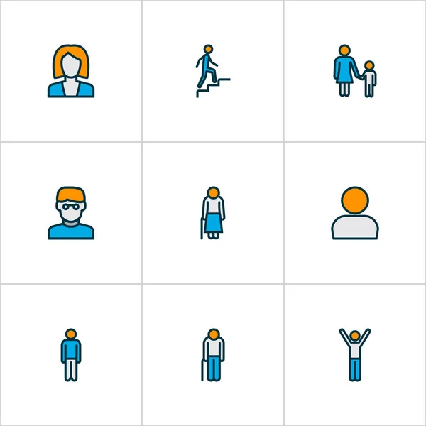 Human icons colored line set with male, rejoicing man, businesswoman and other man elements. Isolated illustration human icons.