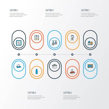 Gastronomi simgeleri kaşık çatal bıçağı, su şişesi, saat ve diğer saat elementleriyle renklendirilmiş. İzole vektör çizimi gastronomi simgeleri.