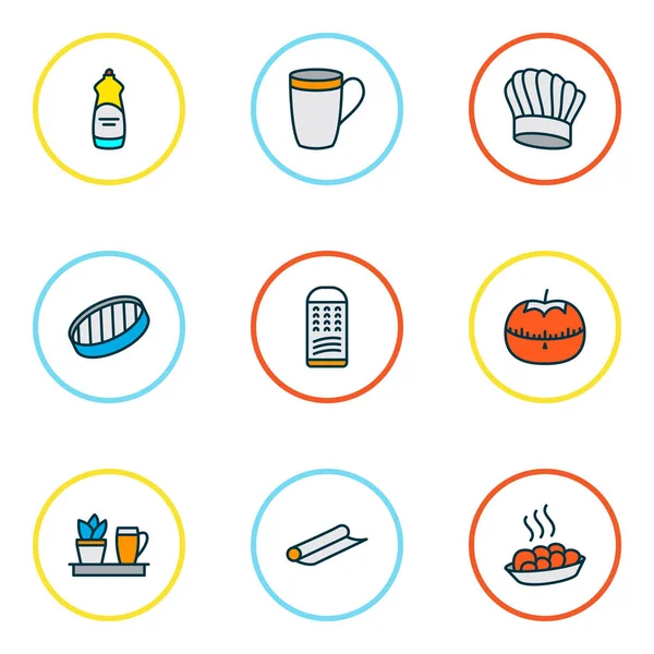 Iconos de cocina línea de colores con rallador, sombrero de chef, temporizador de tomate y otros elementos de la tapa de la cocina. Iconos de cocina de ilustración vectorial aislado . — Archivo Imágenes Vectoriales