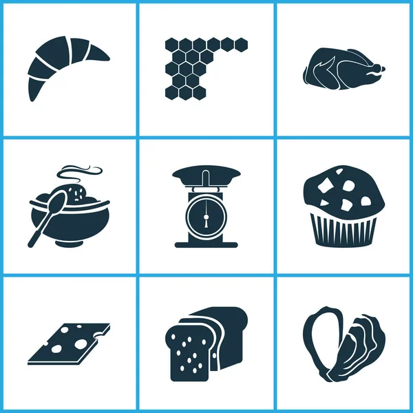 Iconos de comida con pan, comida caliente, pavo pájaro y otros elementos de peso. Iconos de harina de ilustración vectorial aislado . — Archivo Imágenes Vectoriales