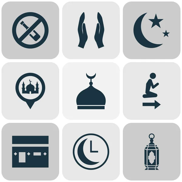 Icônes de religion ensemble avec dua, kaaba, horloge et autres éléments de culte. Illustration vectorielle isolée icônes religion . — Image vectorielle