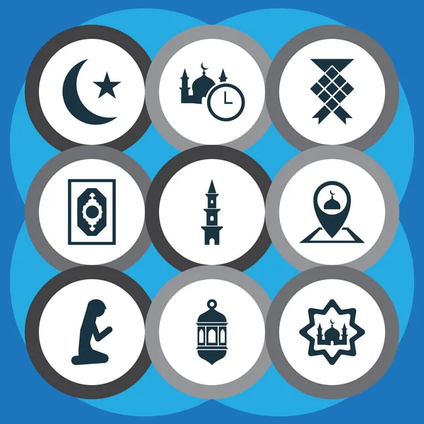 Náboženské ikony zasazené s kostelem, muslimskou ženou, ramadánem a dalšími masjid prvky. Izolované vektorové ilustrace náboženské ikony. — Stockový vektor