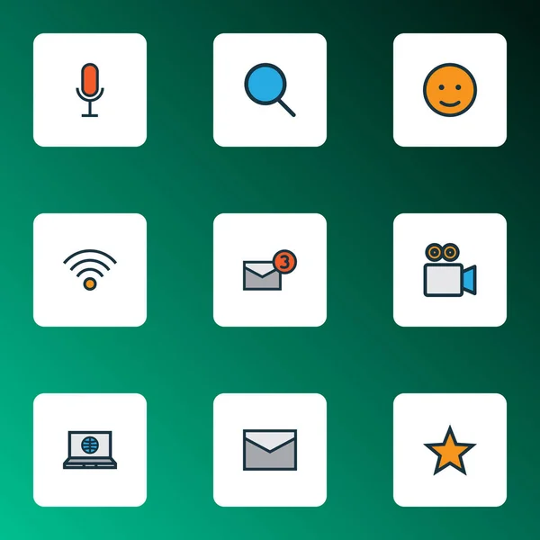 Social Icons farbige Linie mit Wi-Fi, Social Web, Videogespräche und andere Camcorder-Elemente gesetzt. isolierte Vektorillustration soziale Symbole. — Stockvektor