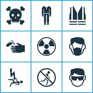 İşaret simgeleri radyoaktif, aşındırıcı kimyasallar, güvenlik yeleği ve diğer asit elementleriyle ayarlandı. İzole vektör illüstrasyon simgeleri.
