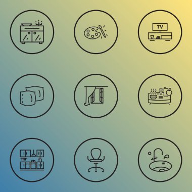 Pencere, ergonomik koltuk, yastık ve diğer komodin elementleriyle ev simgeleri çizimi. İzole vektör illüstrasyon evi simgeleri.