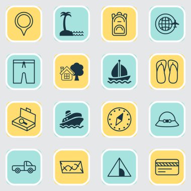 Mayolu seyahat ikonları, çiftlik evi, yaz şapkası ve diğer terlik unsurları. İzole vektör illüstrasyon seyahat simgeleri.
