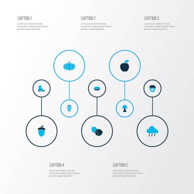 Mevsimlik simgeler. Mantar, reçel, balkabağı ve diğer ayakkabı elementleriyle renklendirilmiş. İzole vektör illüstrasyon mevsimsel simgeleri.