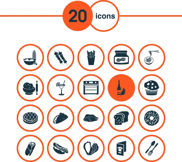 Shawarma, kokteyl, çörek ve diğer fast food öğeleriyle besin ikonları. İzole vektör illüstrasyon beslenme simgeleri.