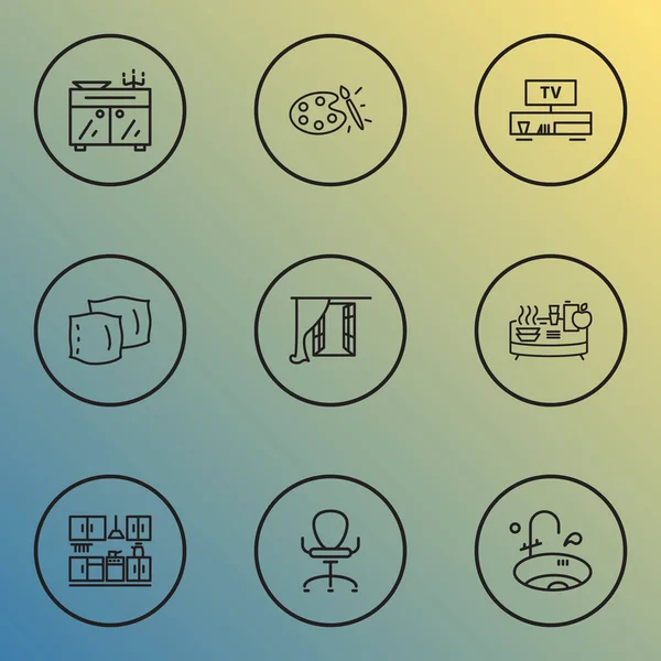 House icons line style set with window, ergonomic armchair, pillow and other nightstand elements. Isolated vector illustration house icons. — Stock Vector