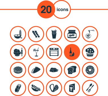 Shawarma, kokteyl, donut ve diğer fast food öğeleriyle hazırlanmış ikonlar. İzole edilmiş illüstrasyon yeme simgeleri.