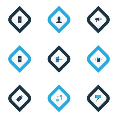 Telekomünikasyon simgeleri iletişim seti, 3G akıllı telefon, selfie çubuğu ve diğer taşınabilir radyo elemanları. İzole edilmiş illüstrasyon telekomünikasyon simgeleri.