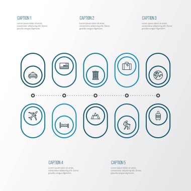 Otel, uçak, yatak ve diğer toprak elementleriyle birlikte keşif ikonları çizgisi oluşturuldu. İzole edilmiş illüstrasyon keşif simgeleri.