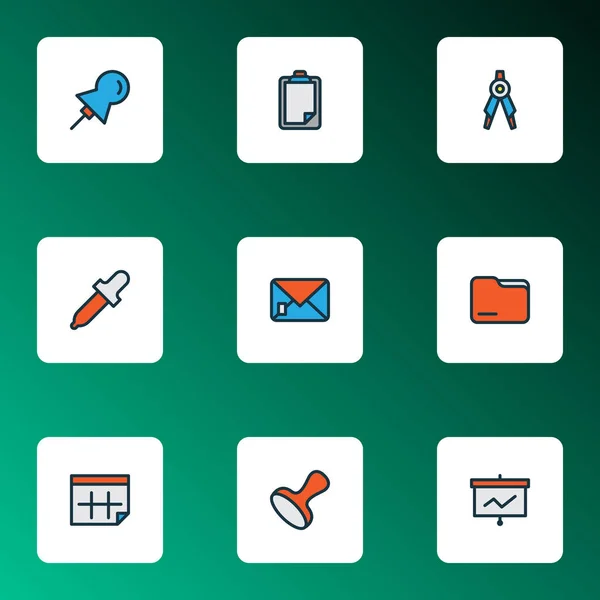 Ikony narzędzi kolorowy zestaw linii z tablicą prezentacyjną, koperta, folder i inne elementy szkoleniowe. Izolowane ikony narzędzi do ilustracji. — Zdjęcie stockowe