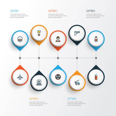 Savaş simgeleri, asker, biyolojik tehlike, kafatası ve diğer kafatası elementleriyle renklendirildi. İzole vektör illüstrasyon savaş simgeleri.