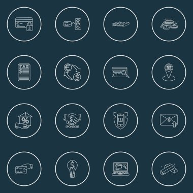Kredi kartı, banka konumu, e-posta transferi ve diğer para değişim unsurları ile finansal simgeler çizgisi biçimi. İzole edilmiş illüstrasyon finansal simgeleri.