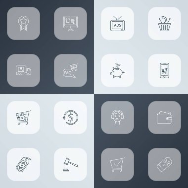 Açık arttırma, dağıtım kamyonu, fiyat etiketi ve diğer indirimli etiket unsurlarıyla e-ticaret simgeleri çizimi. İzole edilmiş illüstrasyon e-ticaret simgeleri.