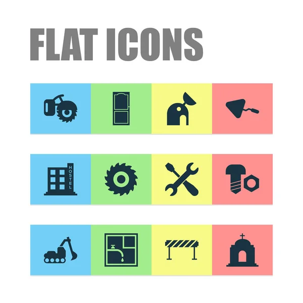 Icônes de construction avec fraiseuse, boulon avec écrou, porte et autres éléments de l'hôtel. Isolés vectoriels icônes de construction illustration . — Image vectorielle