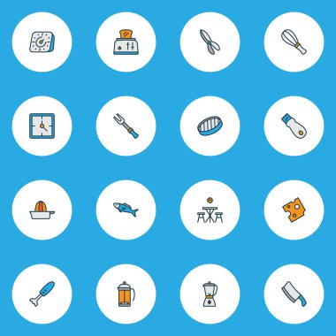 Aşçı simgeleri blender, tost makinesi, barbekü çatalı ve diğer aletlerle renklendirilir. İzole edilmiş illüstrasyon aşçı simgeleri.