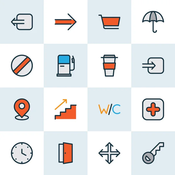 Navigation icons colored line set with way in, cart, navigation and other exit elements. Isolated vector illustration navigation icons. — 스톡 벡터
