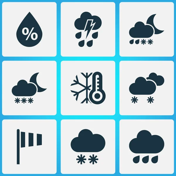 Klimaat pictogrammen bezet met koude, donderdouche, vaan en andere troebele kleine hoeveelheid sneeuw elementen. Geïsoleerde illustratie klimaat iconen. — Stockfoto