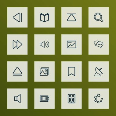 Müzik simgeleri satır biçimi yavaş geri, yükleme, ders kitabı ve diğer bayrak unsurları ile ayarlandı. İzole vektör illüstrasyon müzik simgeleri.