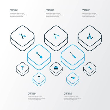 Cıvata, anahtar, makas ve diğer yuvarlak pense elementleriyle renklendirilmiş simgeleri onar. İzole vektör illüstrasyon düzeltme simgeleri.