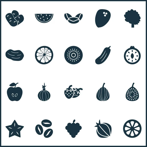 Фруктові іконки, встановлені з деревом, бобами, смачними та іншими елементами карамоли. Ізольовані Векторні ілюстрації фруктові піктограми . — стоковий вектор