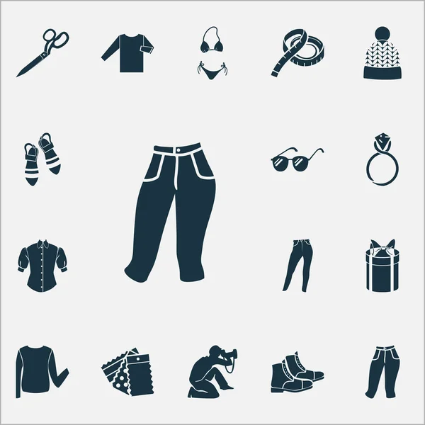 Modieuze iconen set met bikini, sandalen, geschenkdoos denim elementen. Geïsoleerde vector illustratie modieuze pictogrammen. — Stockvector