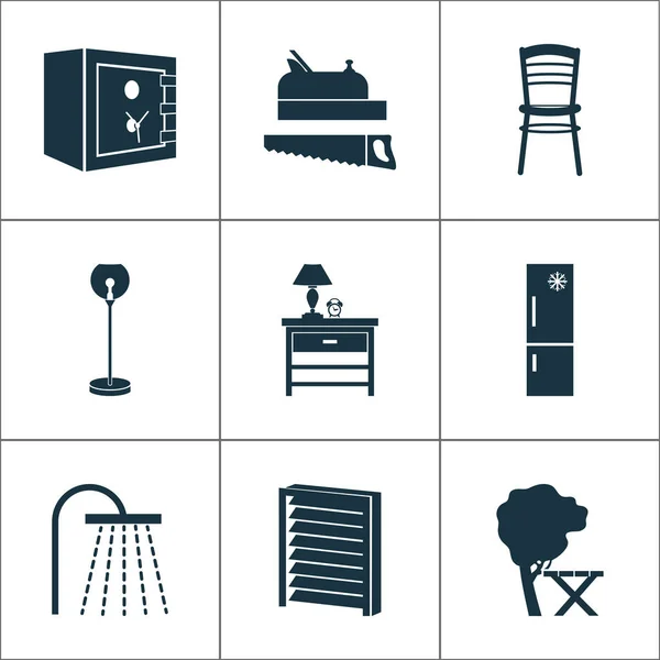 Home decoratie pictogrammen set met koelkast, vloerlamp, nachtkastje en andere timmerwerk elementen. Geïsoleerde vector illustratie home decoratie pictogrammen. — Stockvector