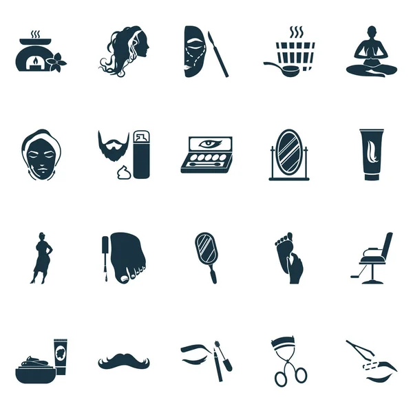 Mooie iconen set met sauna, wenkbrauw plukken, wenkbrauw product en andere bad elementen. Geïsoleerde vector illustratie mooie iconen. — Stockvector