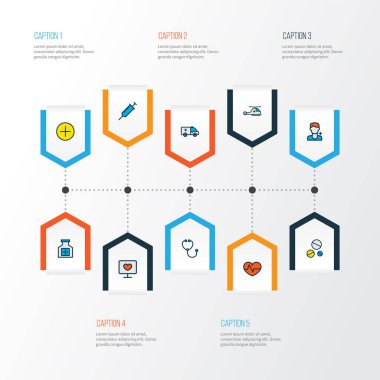 Antibiyotik ikonlar, enstrüman, sağlık çalışanı, ilk yardım arabası ve diğer vitamin elementleriyle birlikte ayarlandı. İzole edilmiş resimli antibiyotik simgeleri.