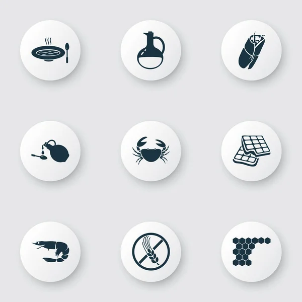 Food icons set with honey combs, crab, waffle and other pancake elements. Isolated illustration food icons.