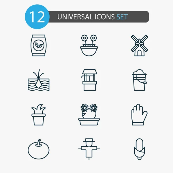 Gardening icons set with windmill, flowerpot, corn and other bush pot elements. Isolated illustration gardening icons. — Stock Photo, Image