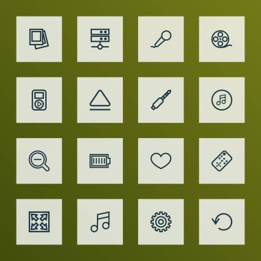 Müzik simgeleri çizgi biçimi Jack, genişlet, yakınlaştır ve diğer büyüteçlerle ayarlandı. İzole müzik simgeleri.